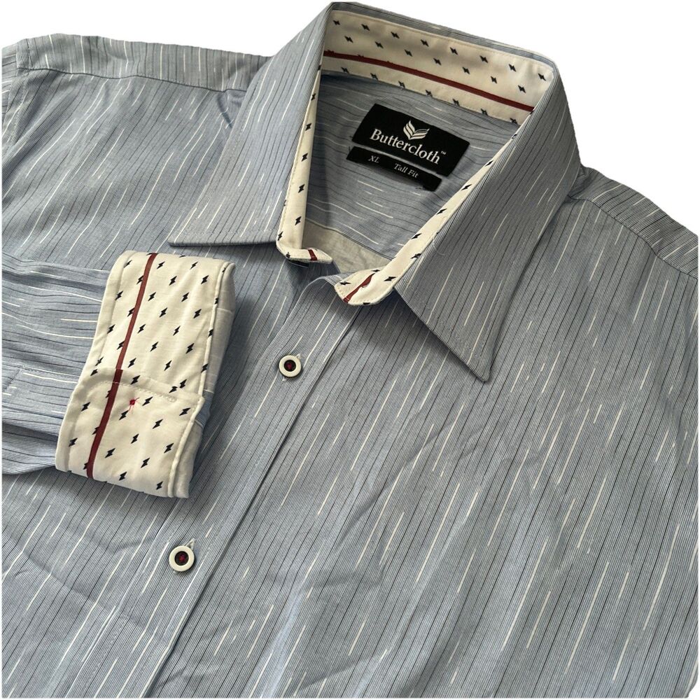 Butter Cloth Men’s XL Tall Fit Blue‎ Striped Long Sleeve Button Down Flip Cuffs